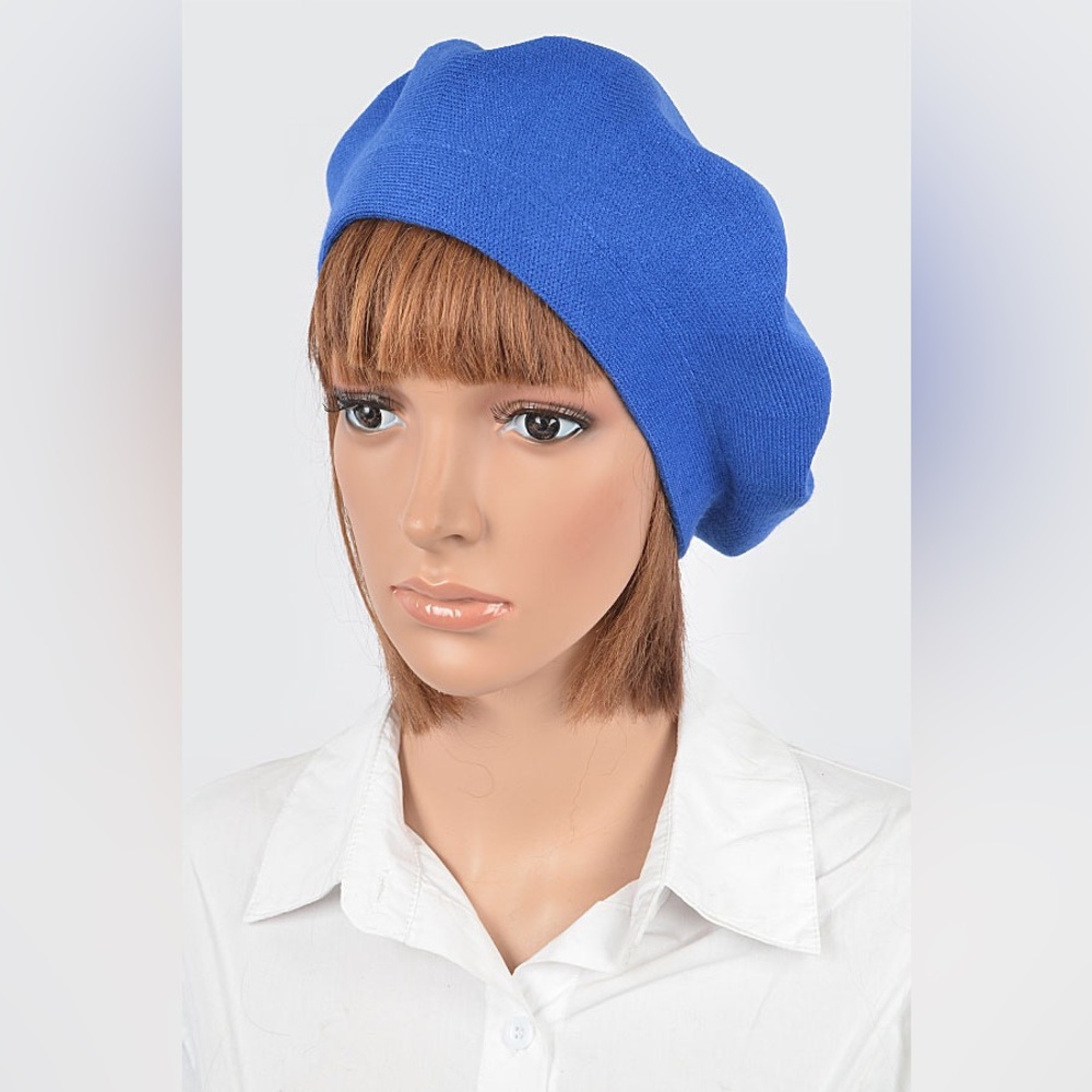 Blue Cashmere Stretchy Solid Beret Hat